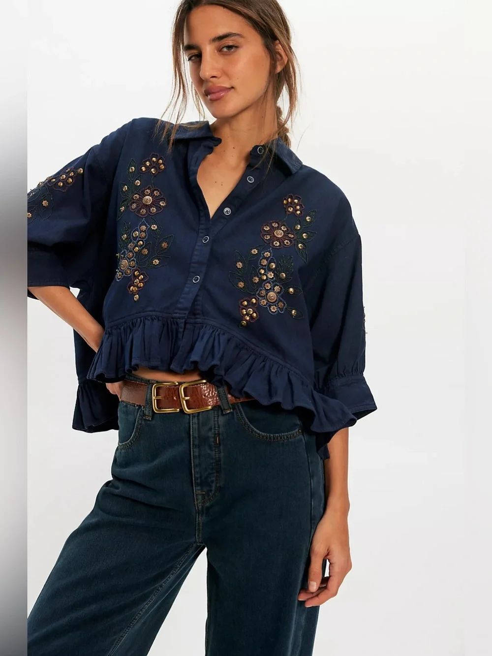 Free People We The Free Bailey Embellished Denim Shirt Size Xs